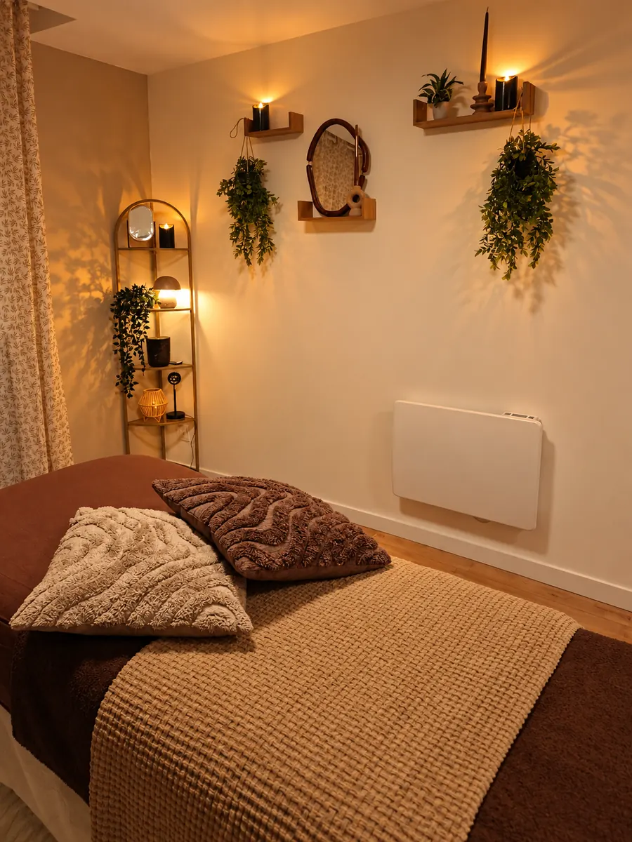 Table de massage, plaids et coussins sous la lumière des bougies