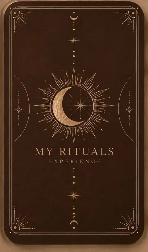 Carte My Rituals Expérience : un croissant de lune dans un soleil doré sur fond chocolat