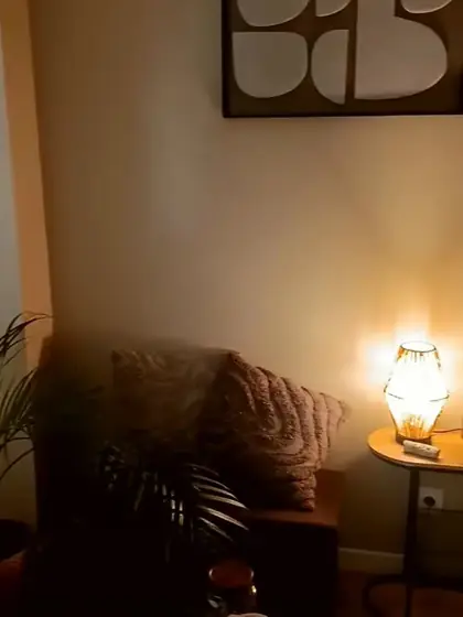 Coin détente avec fauteuil, coussins et lampe dorée